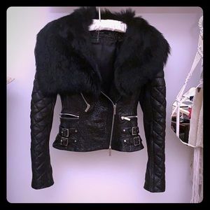 Karen Millen sheepskin collar leather jacket black